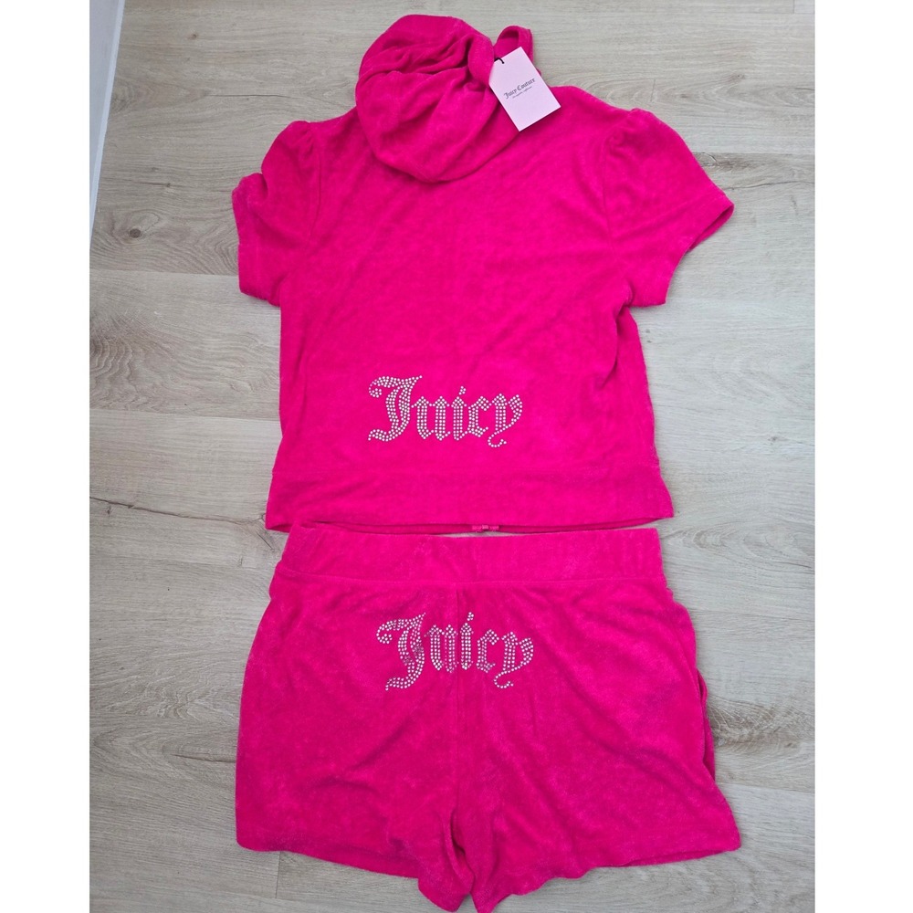 Juicy Couture Vixen Pink Terry Hoodie and Shorts Set Rhinestone Logo size Large - Picture 5 of 12